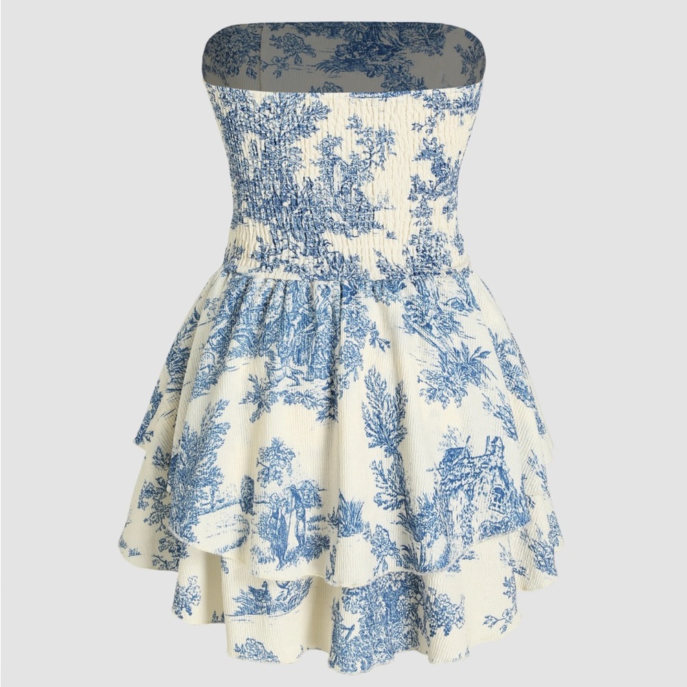 Blue and White toile de jouy Strapless Dress - Picture 2 of 11